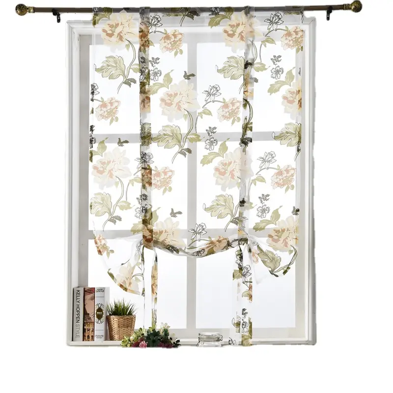 Cortina de amarre transparente Floral para ventana de cocina, barra pequeña, bolsillo, globo, cortinas para ventanas, cortina romana, 100x160cm