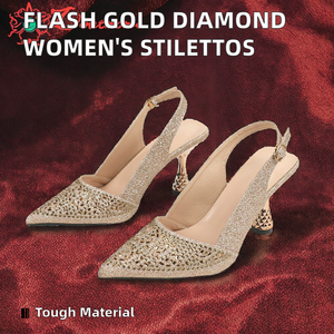 Nouvelles sandales à talons hauts polyvalentes pour femmes, style escarpins sexy à bout pointu, ornées de diamants dorés, semelle extérieure en caoutchouc, collection printemps, qualité supérieure - Product Image 2