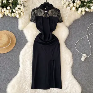 Customized Lace Panel Black Dress Women's Waist Split Wrap funeral black lady dress