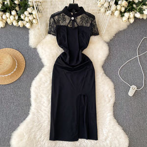 Customized Lace Panel Black <strong>Dress</strong> <strong>Women's</strong> Waist Split Wrap <strong>Funeral</strong> Black Lady <strong>Dress</strong> - Product Image 1