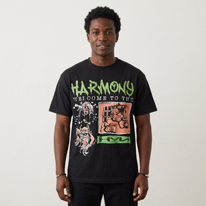 T-shirt pour homme en coton lourd surdimensionné noir, imprimé vintage, col rond, manches courtes, streetwear - Product Image 2