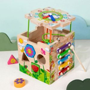 Juego de Juguetes Multifuncional, Laberinto de Cuentas, Clasificador de Formas, Cubo de Actividades de Madera 6 en 1 para Bebés - Product Image 6