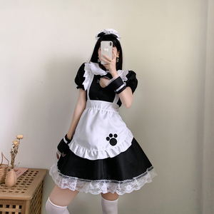 Cat-themed Maid Outfit Black White Apron Paw Print Lolita Cosplay Costume Anime Role Play Women's Dress Summer 2022 - Product Image 3