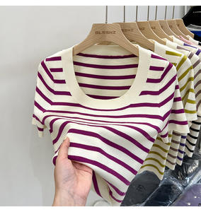 Ropa de punto para mujer, Camiseta de calidad Premium, Tops de moda, Camiseta de punto para mujer, Top corto de rayas informales de seda de secado rápido - Product Image 1
