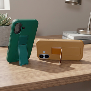 Coque de téléphone en TPU et PC pour iPhone avec support intégré, couleur unie, antichoc, vert et marron - Product Image 3