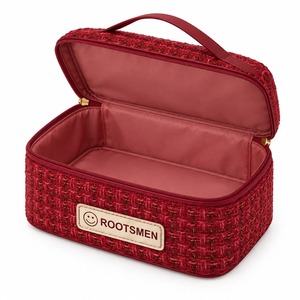 Travel <b>Makeup</b> <b>Case</b> Burgundy 22x6x14cm Tweed Texture Top Handle Dual Gold Tone Zipper Box Shape Cosmetic Organizer Custom Logo - Product Image 4
