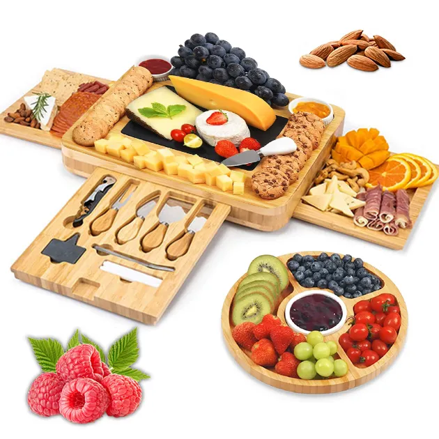 Christmas Charcuterie Board Square Wood Cheese Plate Platter Tray 3 4 Slide Out Drawers Bamboo Cheese Board With Knife Set