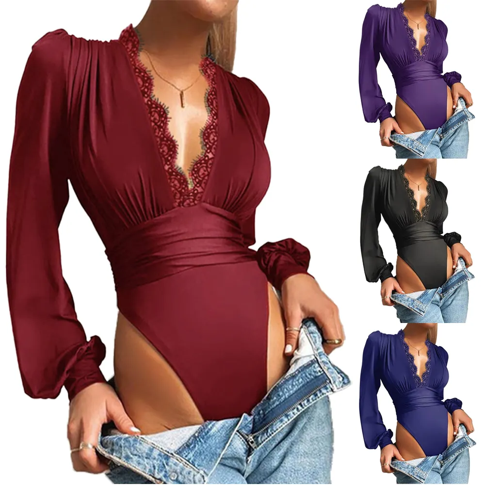 Women's bodysuits 2021 spring summer solid color lace spliced V-neck lantern sleeve slim rompers sexy club body suits