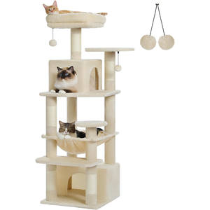 53.5 pouces de haut tour d'arbre à chat grands chats d'intérieur-beige hamacs spacieux griffoirs double perchoirs rembourrés maison de chat en bois - Product Image 1