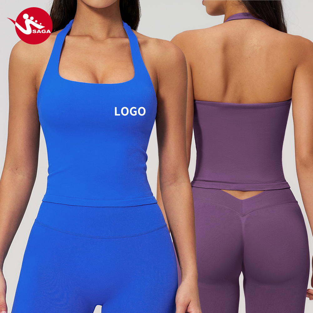 Customized Manufacturer Low MOQ Halter Neck Quick Dry Tight Fit Gym Fitness Tank Top Sports Athletic Yoga Halter Neck yoga vest
