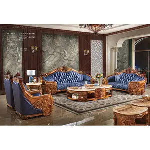 Ensemble de canapé en cuir bleu du sud-est, meubles de villa en ébène sculpté à la main, design de salon, 4 pièces