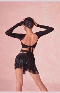 Rok dansa Latin rumbai gaun dansa panggung Fashion punggung terbuka hitam untuk samba Rumba <span class=keywords><strong>Chacha</strong></span> pakaian kostum pertunjukan - Product Image 3