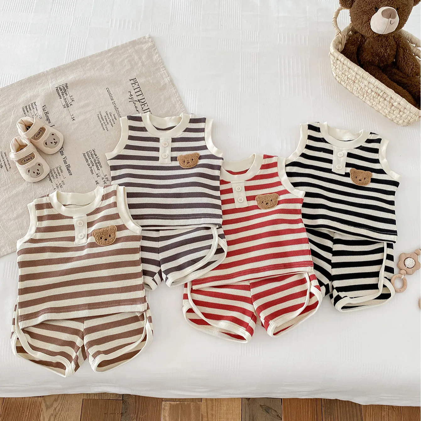 Wholesale Waffle Stripe Printing Sleeveless Tops and Shorts Baby Fancy Clothes Set