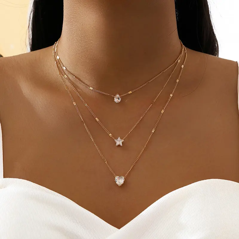 Kalung liontin bintang hati zirkon, Kalung liontin kristal banyak berlapis untuk liontin wanita berlian imitasi persegi modis