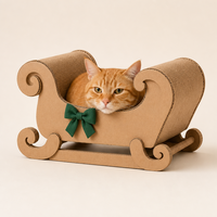Lit pour chat en carton ondulé en forme de traîneau du Père Noël, griffoir de Noël, maison pour animaux avec coussin rouge