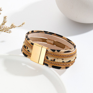 Leopard Print Color Series Multi-layer Electroplated PU <b>Leather</b> <b>Bracelet</b> Versatile Women's Jewelry Magnetic Clasp Wholesale - Product Image 1