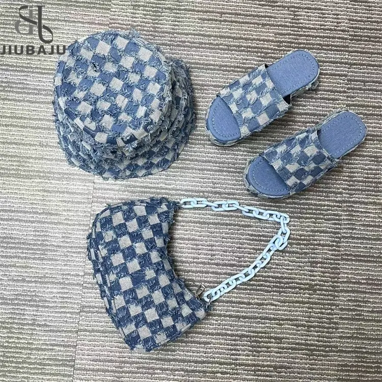 2023 New Shoes And Purse Set Denim Slipper Shoulder Bag And Hats Matching Shoes