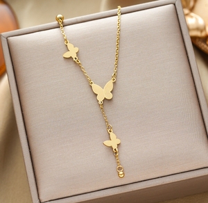 Collana a catena in acciaio inossidabile a <span class=keywords><strong>tre</strong></span> farfalle placcato oro 18k nuova moda gioielli - Product Image 4