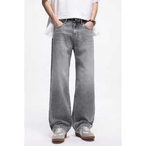Jean droit rétro taille mi-haute à jambe large pour homme, style streetwear hip-hop américain, gris délavé, pour marque de mode urbaine - Product Image 1