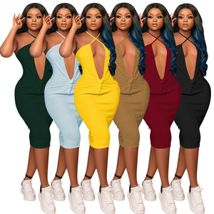 Wholesale Solid Color Customize LOGO Ribbed Deep V Sleeveless Backless slip Midi <strong>Dress</strong> Summer Trending Bodycon <strong>Dress</strong> - Product Image 2