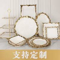 Service de vaisselle en céramique platine de luxe léger, assiettes de présentation en porcelaine à bord doré, ensemble de dîner pour restaurant