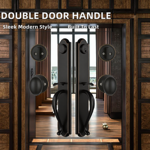 Juego de manijas modernas para puerta doble de hotel con acabado en bronce envejecido, entrada con llave y manijas ficticias - Product Image 2