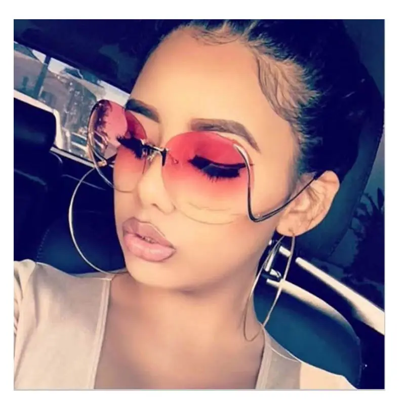 Brand Designer New Fashion Rimless Bend Leg Trendy Colorful Lens Women Sun Glasses Oversized Shades Sunglasses 2022