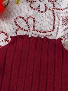 طقم فستان أحمر مخملي للفتيات مع بلوزة محبوكة وتنورة من التول، زي للعطلات والحفلات وأعياد الميلاد - Product Image 3