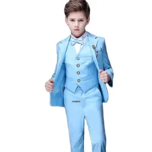 Flower Boys Blue Ceremony Suit Kids Formal Jacket Vest Pants 3PS Tuxedo Wedding Dress Children Birthday Party Photograph Costume