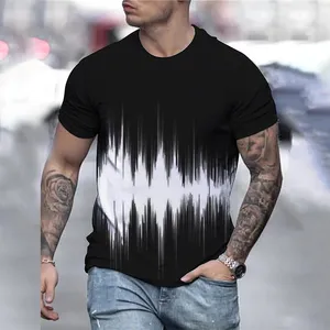 Erkek T Shirt grafik 3d O boyun siyah beyaz çizgili boy giyim rahat günlük üst Streetwear kısa kollu giyim