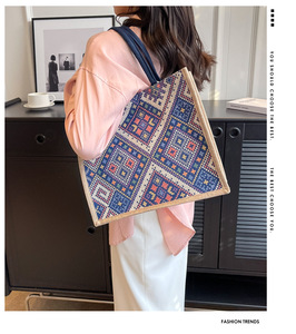 Sacola das mulheres de linho de grande capacidade com diamante padrão portátil moda estilo casual para estudantes sair bolsa de ombro - Product Image 3