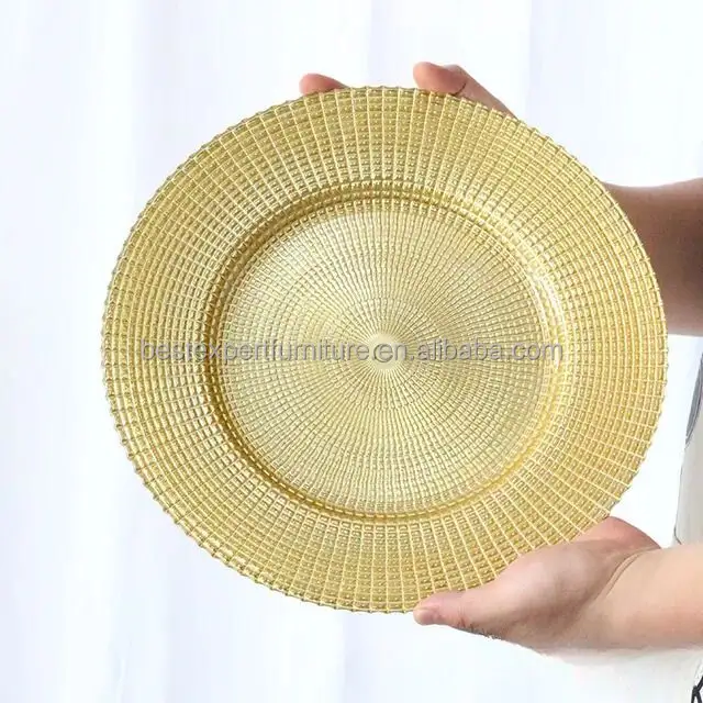 Ensembles de vaisselle de fête de mariage de 13 pouces 33cm couleur personnalisée assiettes rondes en verre de récif doré cu017