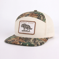 Gorra de béisbol tipo camionero Snapback con parche tejido personalizado OEM al por mayor, de 7 paneles, con visera plana, impermeable, corte láser, camuflaje de dos tonos