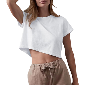 Camiseta Corta para Mujer, Corte Holgado, Algodón, Top Corto Informal, Manga Corta - Product Image 1