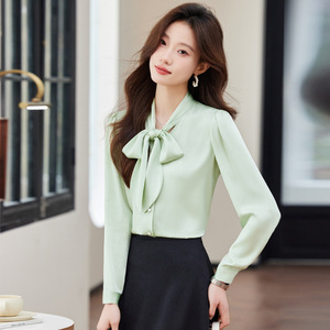 Light Green Satin Blouse With Bow Tie Long Sleeve Office Shirt Women's Elegant Professional Top Solid Color Polyester Fabric - Product Image 1