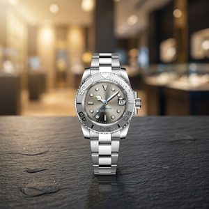 Grey Jubilee Band Stainless Steel Leather Strap Water Resistant Sport Analog Diver <b>Yacht</b> Watch with SEIKO NH35 Movement - Product Image 3