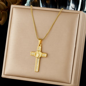 Cross Necklace Gold Plated Stainless Steel Pave Zircon Women's Clavicle Chain Daily Gift Jewelry - Product Image 1