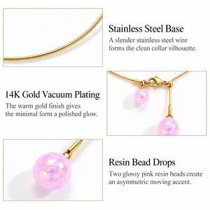 Collier à perles roses en acier inoxydable, perles en résine, plaqué or 14K sous vide, design fil de collier - Product Image 2