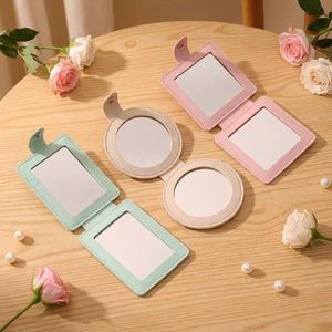 Creative Modern Embossed PU Leather <b>Foldable</b> Square Portable Travel Handheld Round Small Carry-on Makeup <b>Mirror</b> - Product Image 3