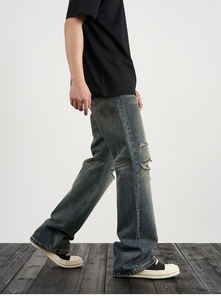 Marchio personalizzato Drop Ship Stock Street Wear Stock produttore di <span class=keywords><strong>Jeans</strong></span> larghi da <span class=keywords><strong>uomo</strong></span> <span class=keywords><strong>blu</strong></span> verniciato in <span class=keywords><strong>Jeans</strong></span> svasati impilati - Product Image 4