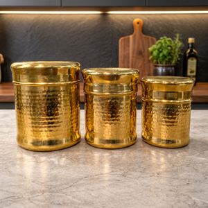 Juego de 3 Recipientes Redondos de Metal Dorado Martillado para Especias con Tapa, Contenedores Modernos para Almacenamiento de Alimentos - Product Image 3
