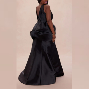 Robe <span class=keywords><strong>de</strong></span> soirée sirène personnalisable pour femme en satin noir, col en V profond, broderie, froncée, traîne chapelle, longueur cheville, pour occasions formelles - Product Image 6