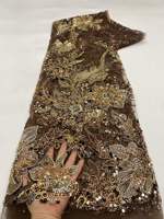 Tissu en dentelle brodée de fleurs 3D dorées de luxe avec perles et sequins pour robe de mariée et robe de soirée – En stock, livraison rapide