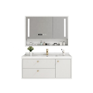 Mueble de Baño Flotante Personalizado con 3 Cajones, Color Macaron, con Espejo LED, Estante Abierto y Lavabo de Cerámica para Hotel - Product Image 3