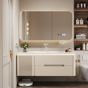 Nuevo gabinete de baño inteligente de madera de caucho con lavabo integrado de cerámica para lavarse las manos - Product Image 4