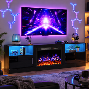 Meuble TV autoportant noir 75'' avec foyer artificiel 23'' intégré, idéal pour salon domestique - Vente Flash - Product Image 2