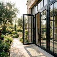 Porte française en PVC à double vitrage, profil mince, design à cadre noir mat, à panneaux divisés, lumière naturelle, pour jardin, patio, villa