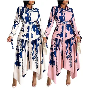 D3264 Latest Design Casual Dresses Women Lady Elegant Shirt Collar Irregular Plants And Flowers Printed Dress 2024 With Belt