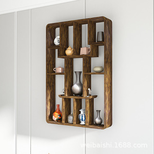 Solid Wood Wall Mounted Display <b>Shelf</b> Rectangle Modern Chinese Style Storage Rack For Living Room Tea Set Ornament Cabinet - Product Image 5