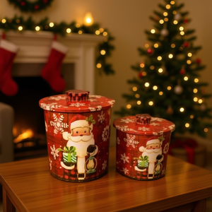 Homeera Christmas Storage Container Round Iron Decorative Ornament For Holiday Gift Storage With Santa Design S0047-19 - Product Image 2